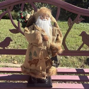 Vintage Moose Bay Santa W/Sack Presents Christmas Tree Burlap Coat W/Deer Print